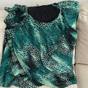 dressbarn Teal Green Patterned Flutter-Sleeve Blouse